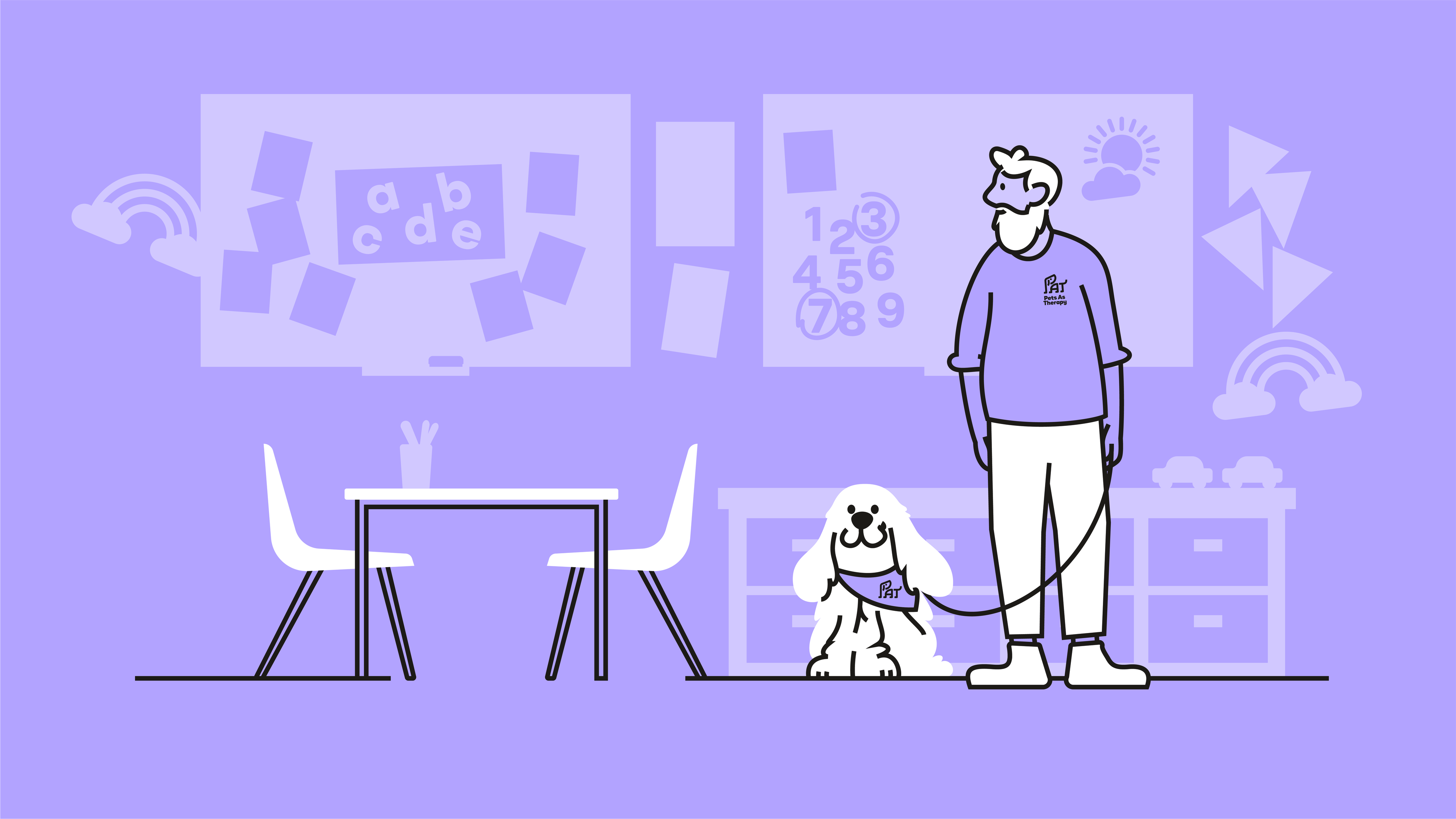 PAT A volunteer and their dog in a school setting Illustration AW RGB